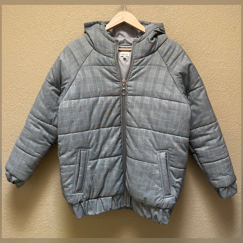 MinPink Gray Plaid Check Hooded Puffer Jacket Womenโs Size Small